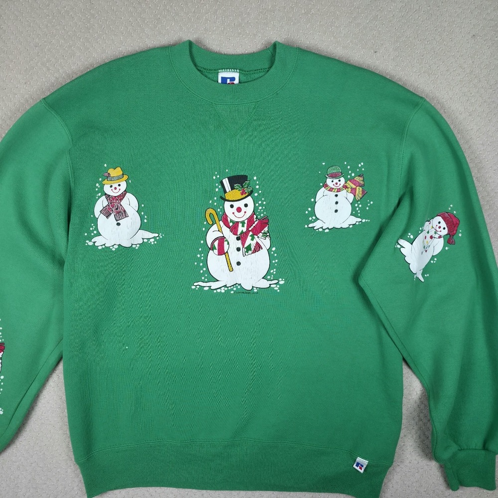 VTG 90s Russell Athletic Sweatshirt Large Women Green Snowman Christmas Holidays - Picture 3 of 12
